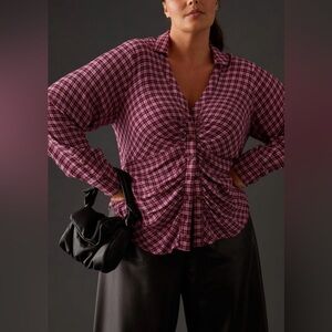 Pilcro Ruched Plaid Button Front Top Size 1X Burgundy Pink Anthropologie
